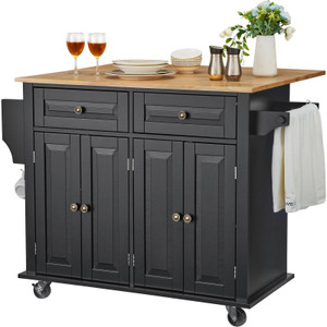 Kitchen Island Cart, 43" Wood Top Mobile Carts with Storage Cabinet, Rolling Table with Drop Leaf,  E415-QFBYDKCFD2XJ6INJTV0