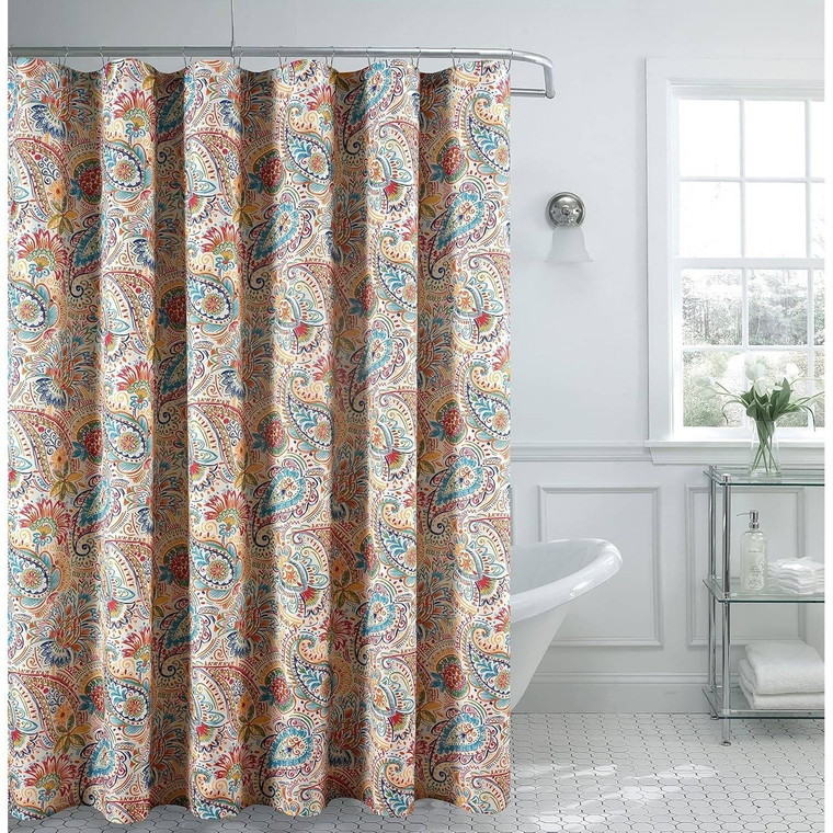 72-in. Paisley Polyester Fabric Shower Curtain in Vibrant Teal Red Yellow White Q280-PFSC129258143