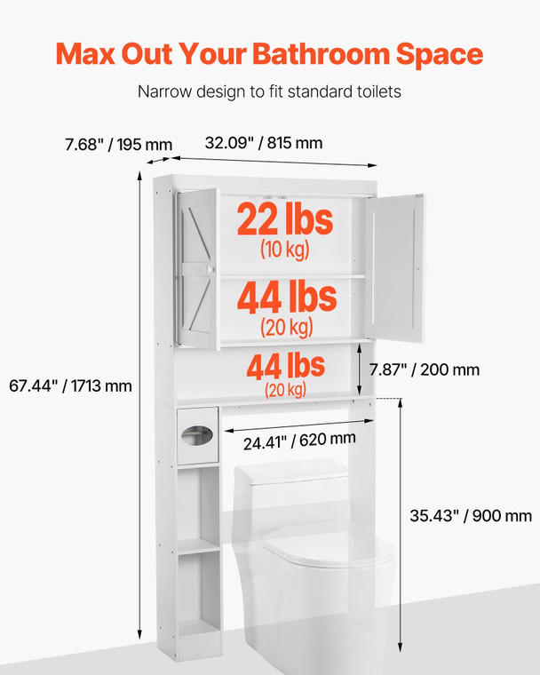 Over The Toilet Storage Cabinet, 67.44 in Height Bathroom Storage Organizer with Double Door and Ad E415-CWTRZBCSPKM37332R001V0