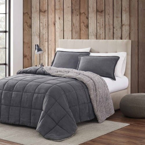 Full/Queen Plush Sherpa Reversible Micro Suede Comforter Set in Gray Q280-GRFG8894