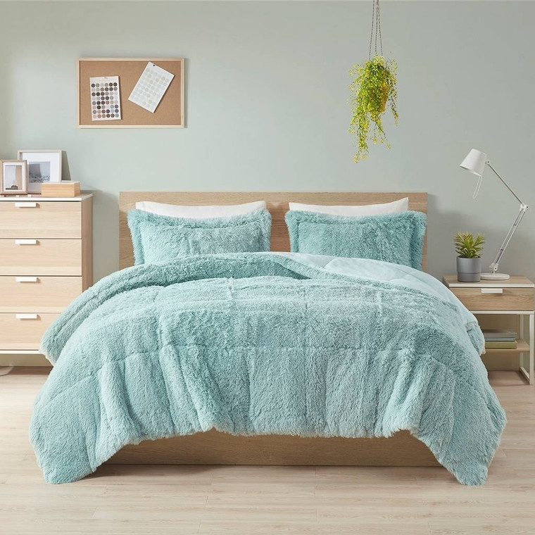 Full/Queen Soft Sherpa Faux Fur 3-Piece Comforter Set in Light Teal Blue Q280-AQFSHC79254631