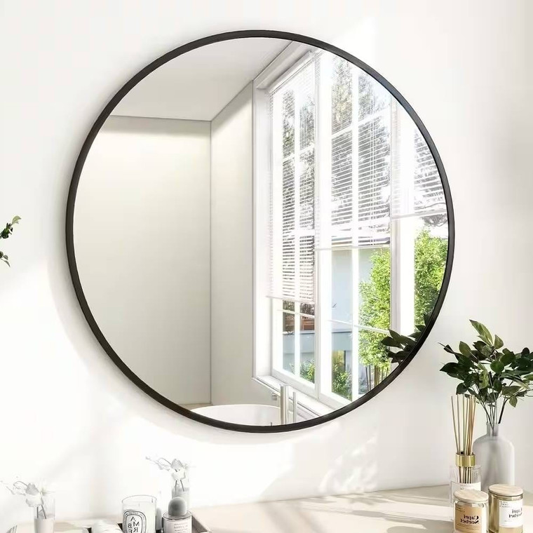 Round 24-inch Circular Bathroom Wall Mirror with Black Frame Q280-BLSFTBM4951372968