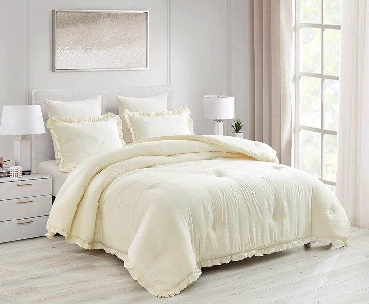 Oversized King Ivory Microfiber 3-Piece Comforter Set with Ruffled Edge Trim Q280-IVKI7399