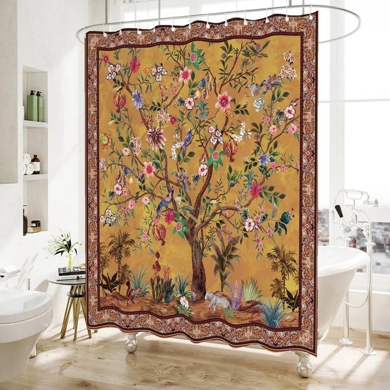 72-inch Brown Red Orange Green Floral Tree Birds Plants Flowers Shower Curtain Q280-MFSCB23172954