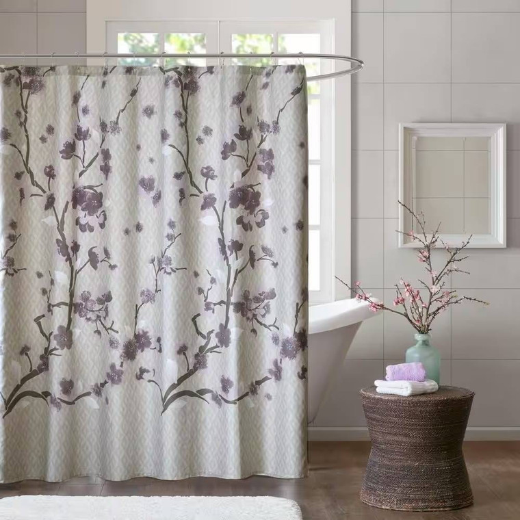 72 x 72 in Cotton Shower Curtain with Purple Grey Beige Floral Blossom Pattern Q280-PCSTL2099435184