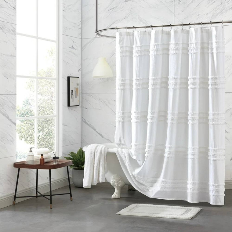 72-inch White Cotton Chenille Stripe Shower Curtain - Machine Washable Q280-WCSTHU3915873