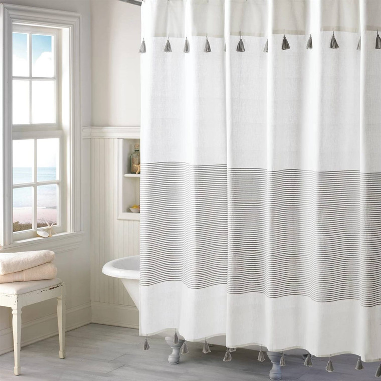 72-inch Grey and White Stripes Cotton Shower Curtain with Tassels Q280-GPSC24541836952
