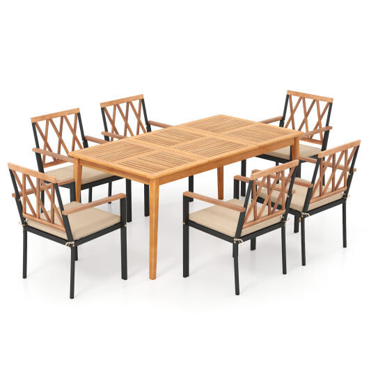 7 Piece Patio Acacia Wood Dining Set Solid Wooden Dining Furniture with Umbrella Hole B593-3xHW72104+HW72979