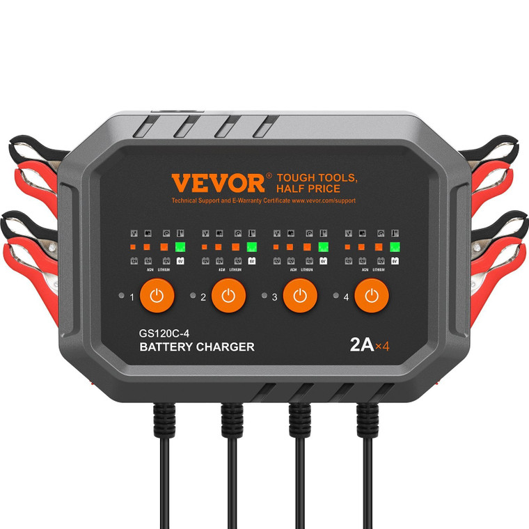 4-Bank Smart Battery Charger, 8A Total, 2A per Bank, for 6V/12V LiFePO4 and Lead-Acid AGM/Gel/SLA B E415-LDQSCD612V2A4D4DCV5