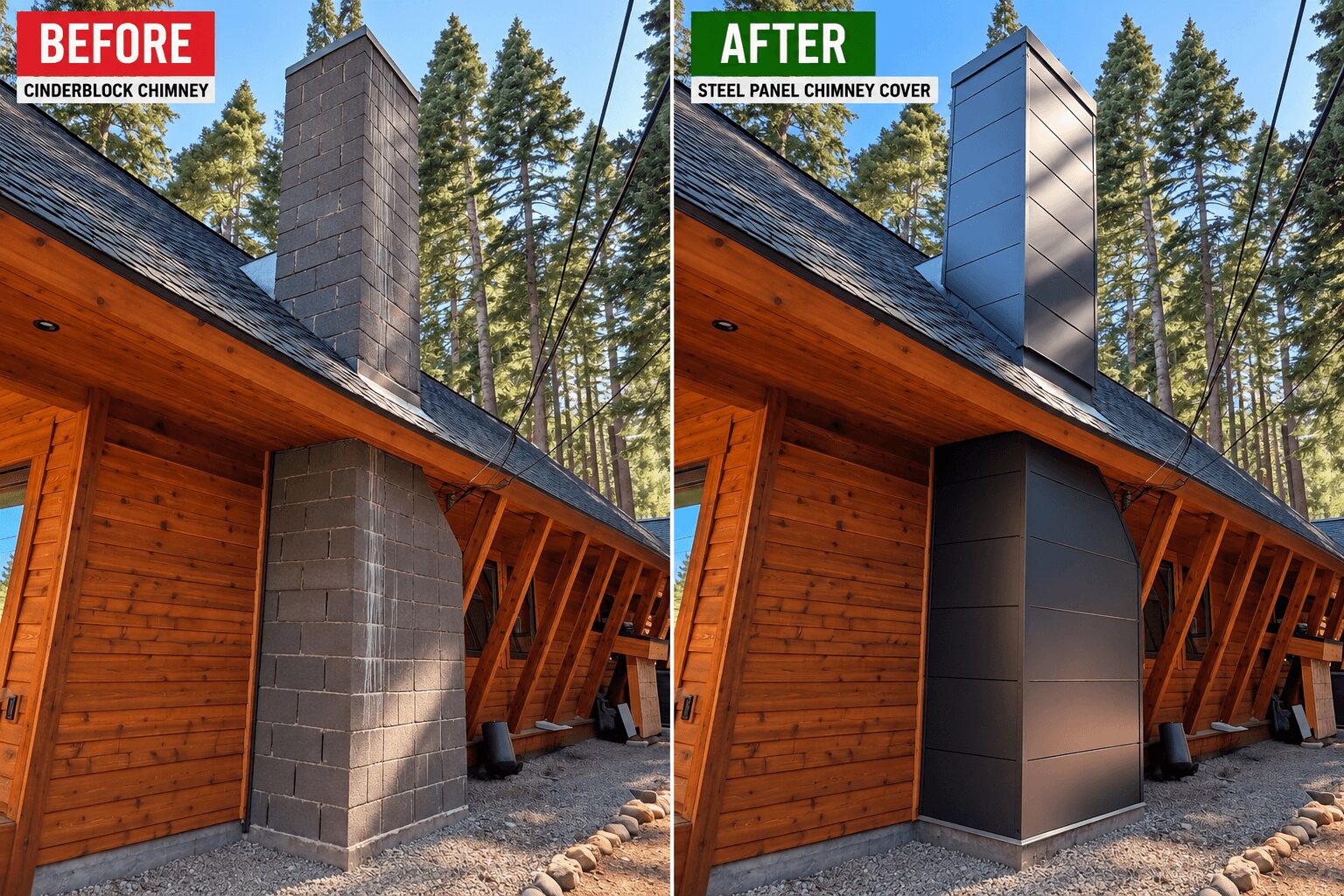 Cinderblock chimney before and after a steel panel chimney cover