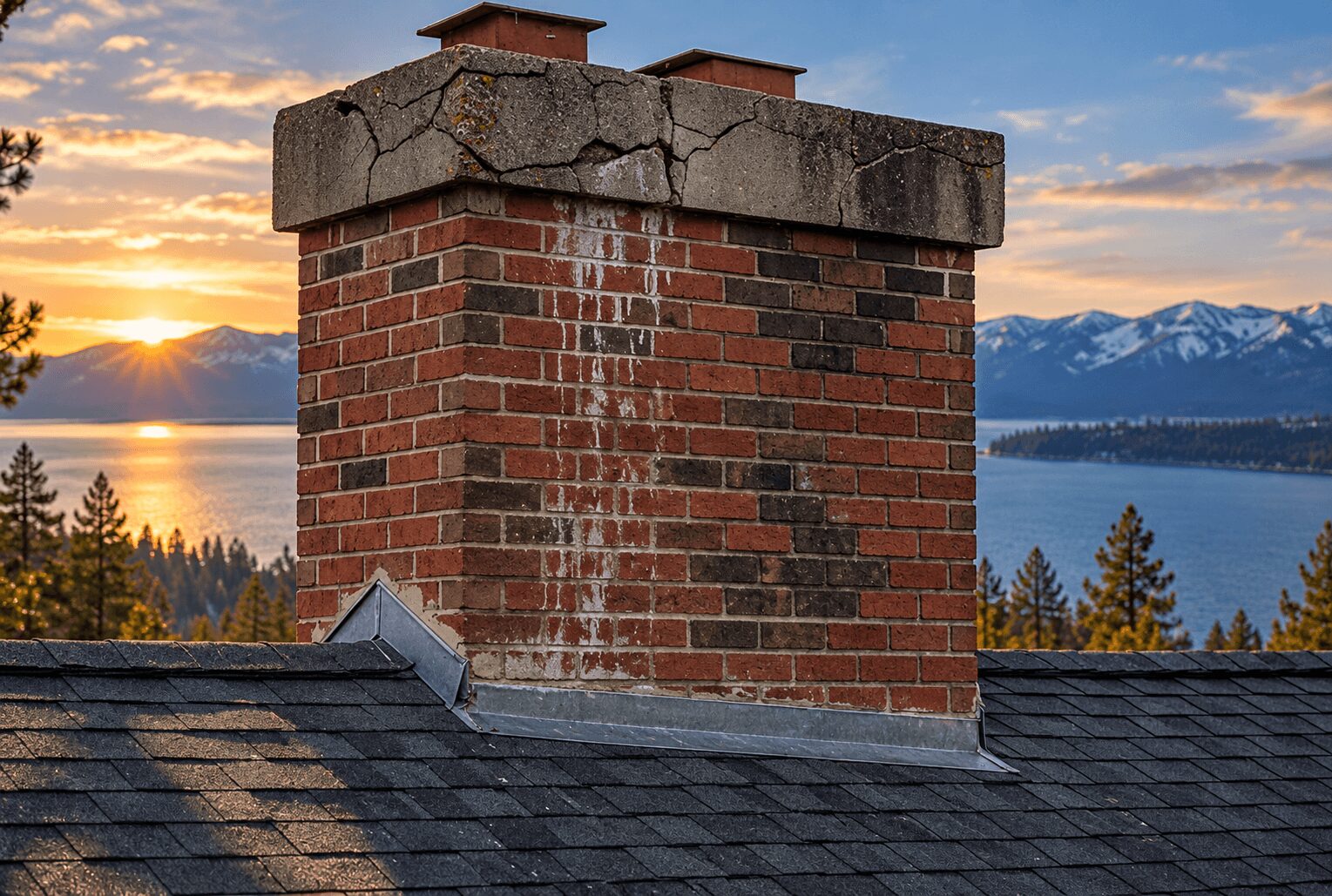 Brick chimney with a cracked crown above Lake Tahoe