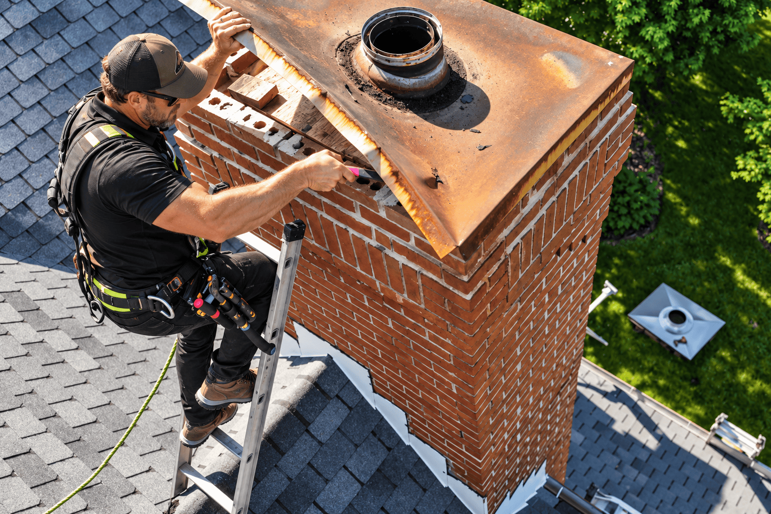 Brick chimney with a cracked crown above Lake Tahoe