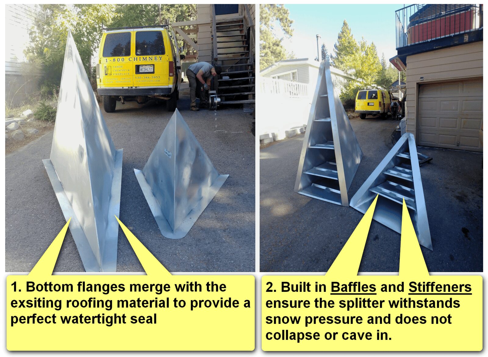 Snow splitters with watertight flanges and built-in baffles