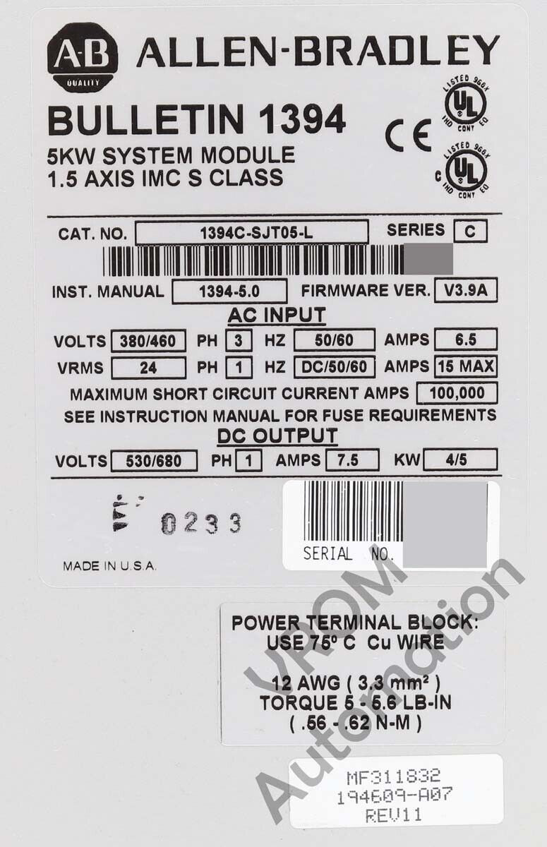 Imcs Module New Allen Bradley 1394C-SJT05-L /C 1394 C System Module 15A 5kW IMCS ...