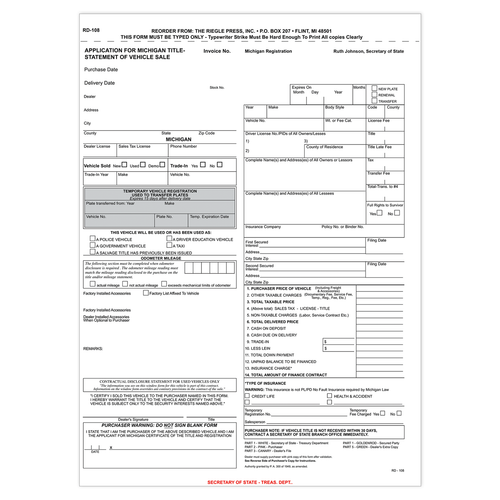 Michigan Title Application Form