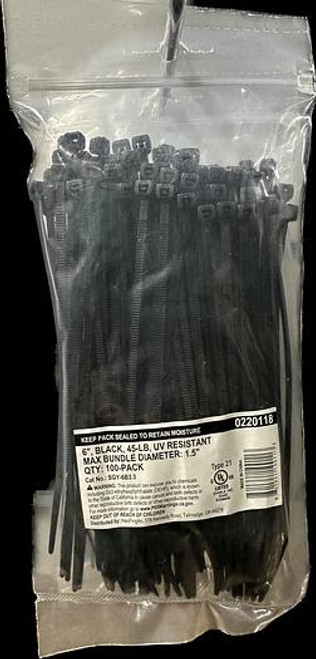 6" Black, 45-LB, UV resistant, Max Bundle Diameter: 1.5", QTY: 100-pack, Type 21, Warning: This product can expose you to chemicals including Di(2-ethylhexyl)phthalate (DEHP), which is known to the State of California to cause cancer and birth defects or other reproductive birth defects or other reproductive harm. For more information go to www.P65Warnings.ca.gov. KEEP OUT OF THE REACH OF CHILDREN