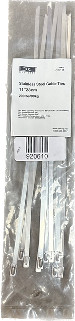 Del City 11" Stainless Steel Cable Ties 10-pack; max bundle diameter: 3.56" max weight 200 lbs.