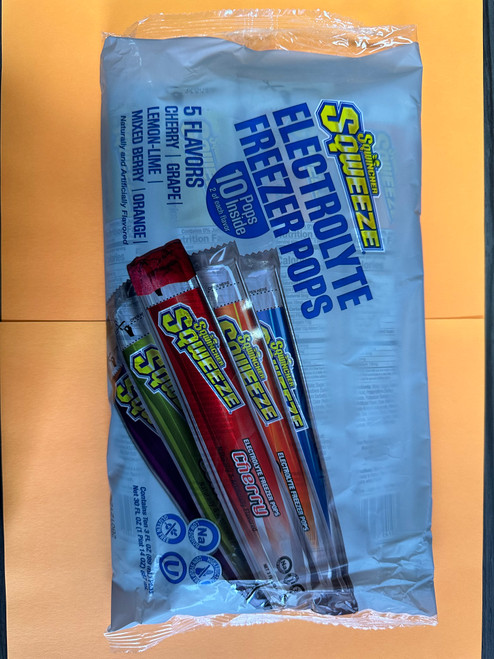 Sqwincher Sqweeze electrolyte freezer pops. 10 pops per package. 2 of each flavor: cherry, grape, lemon-lime, mixed berry, and orange. Naturally and artificially flavored. 3 fl oz pops. Contains 0% juice. BPA Free; Latex Free, Nut Free Facility, Low Sodium, Gluten Free; High Fructose Corn Syrup Free.