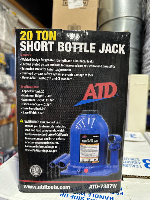 Welded design for greater strength and eliminates leaks. Chrome plated piston and ram for increased rust resistance and durability. Extension screw for height adjustment. Overload bypass safety system prevents damage to jack. Meets ASME PALD-2014 and CE standards. 20 Ton capacity, minimum height 7.48 inches, maximum height 13.76 inches, extension screw 2.36 inches, base length 6.24 inches, base width 5.63 inches. Welded design for greater strength and eliminates leaks. Chrome plated piston and ram for increased rust resistance and durability. Extension screw for height adjustment. Overload bypass safety system prevents damage to jack. Meets ASME PALD-2014 and CE standards. 20 Ton capacity, minimum height 7.48 inches, maximum height 13.76 inches, extension screw 2.36 inches, base length 6.24 inches, base width 5.63 inches.