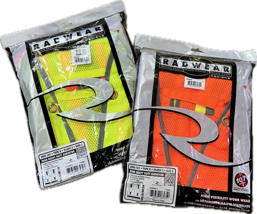 Radians ANSI/ISEA 107 compliant, Type R Class 2. Heavy duty #5 zipper closure, D-Ring pass through, dual Mic tabs, reinforced webbing. solid/mesh. Constructed with 2" retro-reflective stripes and durable background material available in either High Visibility Orange or High Visibility Green (yellow)