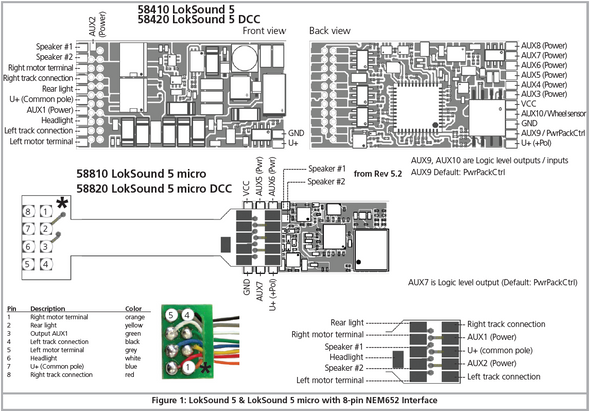 ESU 58410 LokSound 5 Standard Multi-protocol (DCC/MM/SX/M4) Sound Decoder - NEM652 8-pin Wired Plug