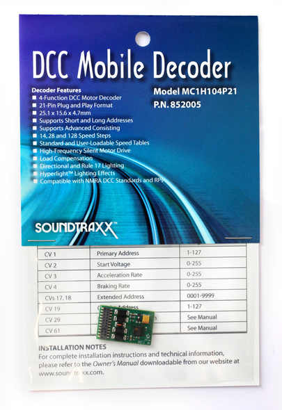SoundTraxx 852005 MC1H104P21 Mobile DCC Decoder - NEM660 21MTC Integral Connector