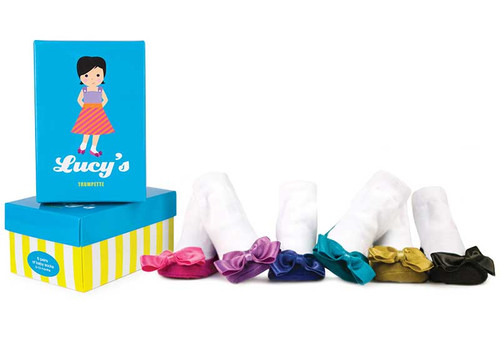 6 pairs of cotton socks for baby girls in a gift box.  Bows on the toes in jewel colors.