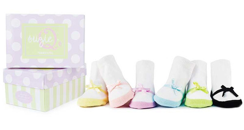 6 pairs of white socks with pastel toes that look like mary janes.  For Girls.  In a gift box.