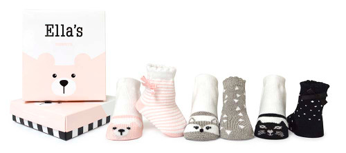 Baby Girl Socks in pink, grey and black. 6 pairs of cotton socks in a gift box.  Cat, bear and Fox designs.  Stripes, dots and triangle pattern.