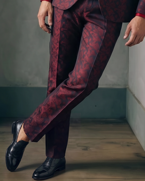 Obsidian - maroon leaf print tuxedo pants with black paisley contrast