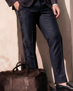 Checker print tuxedo pants with floral silk piping