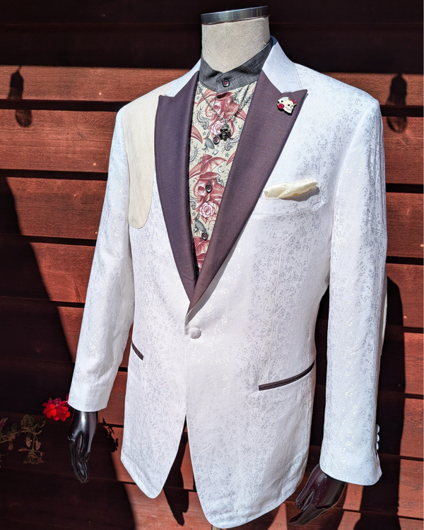 Dahlia - white ivy print tuxedo with red contrast