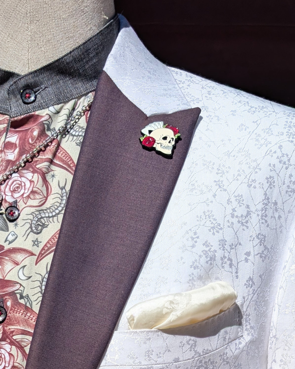 Dahlia - white ivy print tuxedo with red contrast