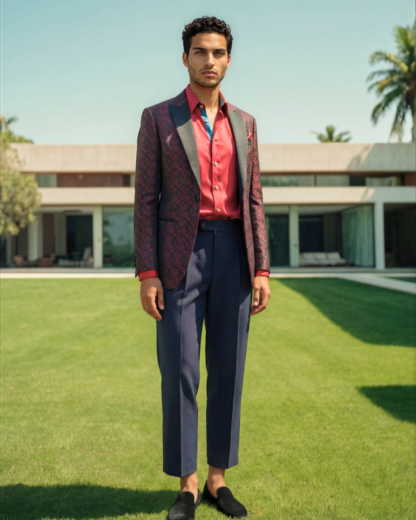 Obsidian - maroon leaf print 3-piece tuxedo with black paisley contrast