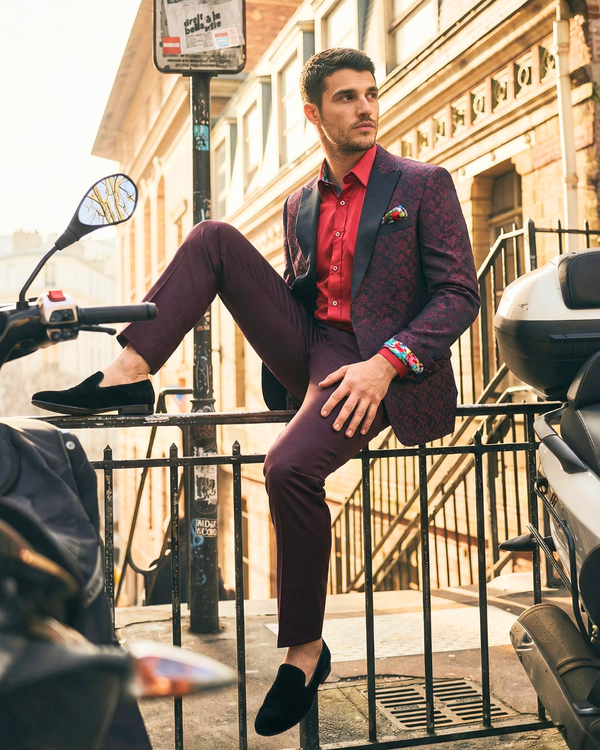 Obsidian - maroon leaf print 3-piece tuxedo with black paisley contrast