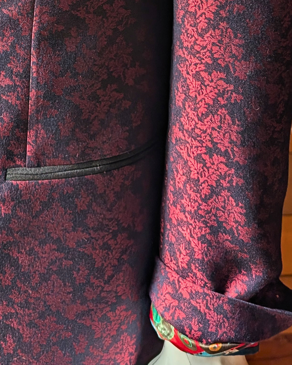 Obsidian - maroon leaf print 3-piece tuxedo with black paisley contrast