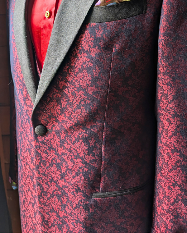 Obsidian - maroon leaf print 3-piece tuxedo with black paisley contrast