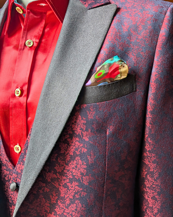 Obsidian - maroon leaf print 3-piece tuxedo with black paisley contrast
