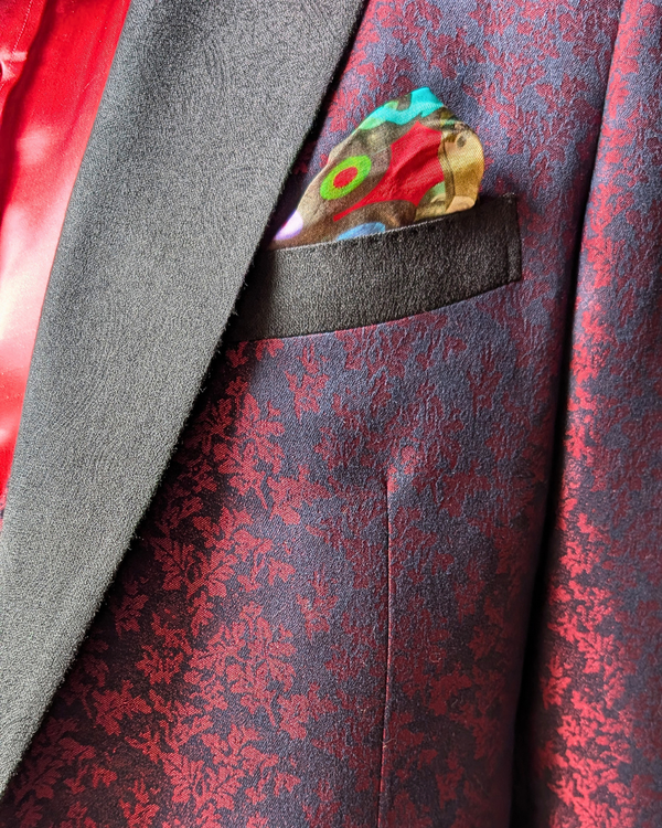 Obsidian - maroon leaf print 3-piece tuxedo with black paisley contrast