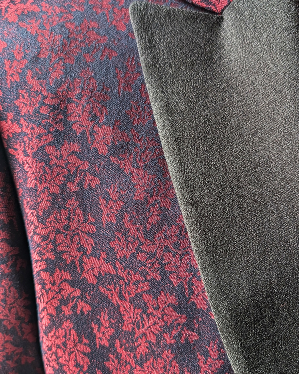 Obsidian - maroon leaf print 3-piece tuxedo with black paisley contrast