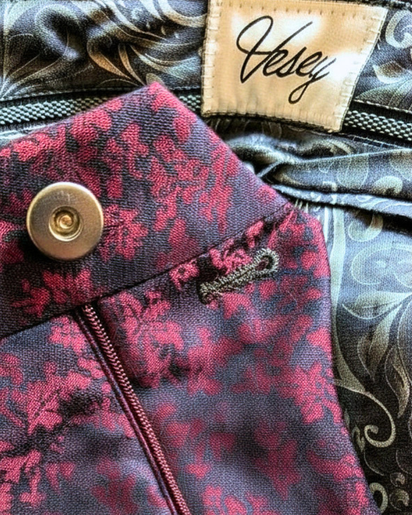 Obsidian - maroon leaf print 3-piece tuxedo with black paisley contrast