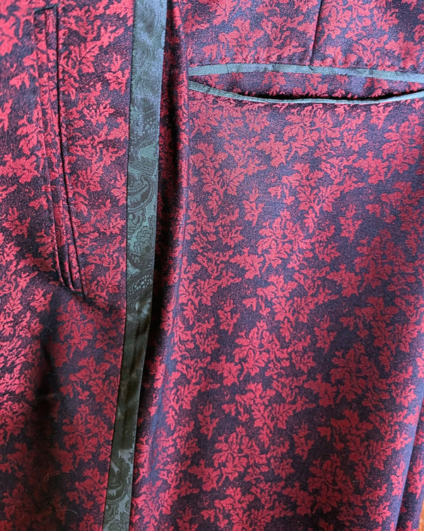 Obsidian - maroon leaf print 3-piece tuxedo with black paisley contrast