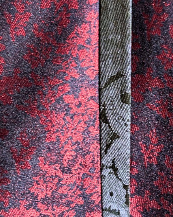 Obsidian - maroon leaf print 3-piece tuxedo with black paisley contrast
