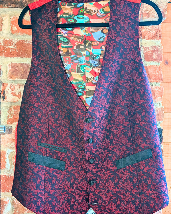 Obsidian - maroon leaf print 3-piece tuxedo with black paisley contrast