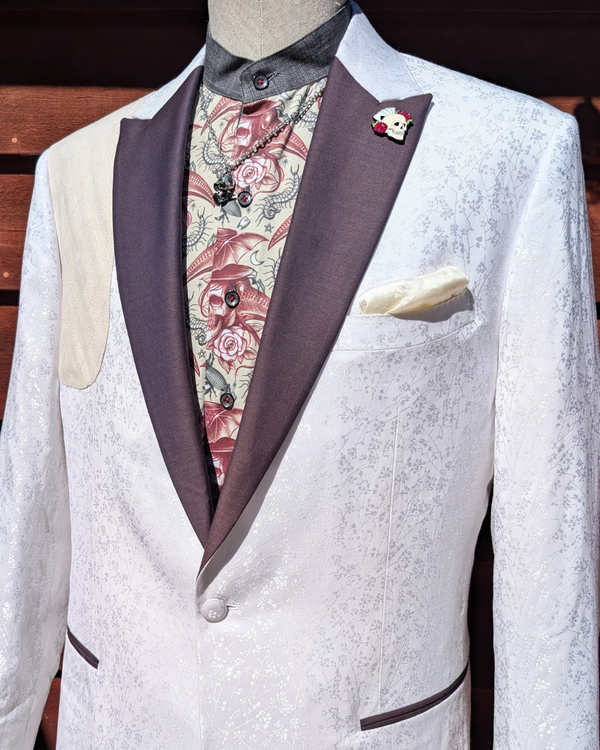 Dahlia - white ivy print tuxedo jacket with red contrast
