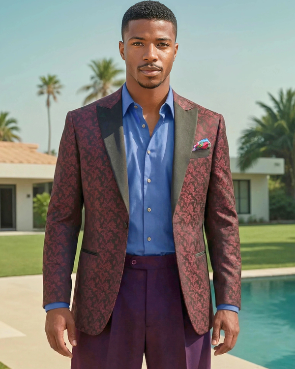 Obsidian - maroon leaf print tuxedo jacket with black paisley contrast