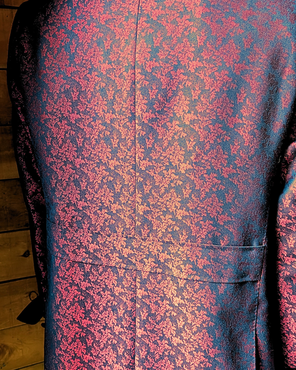 Obsidian - maroon leaf print tuxedo jacket with black paisley contrast