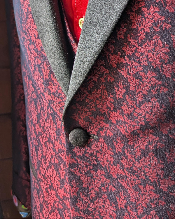 Obsidian - maroon leaf print tuxedo jacket with black paisley contrast