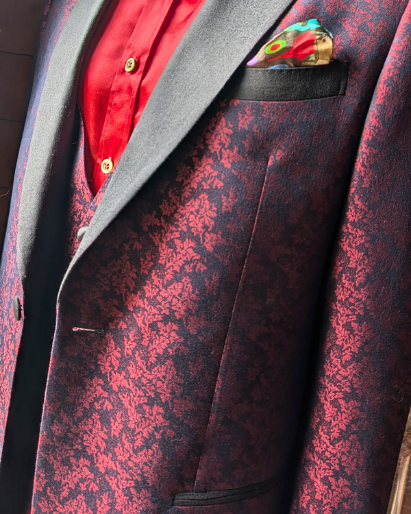 Obsidian - maroon leaf print tuxedo jacket with black paisley contrast