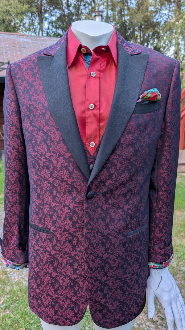 Obsidian - maroon leaf print 2-piece tuxedo with black paisley contrast